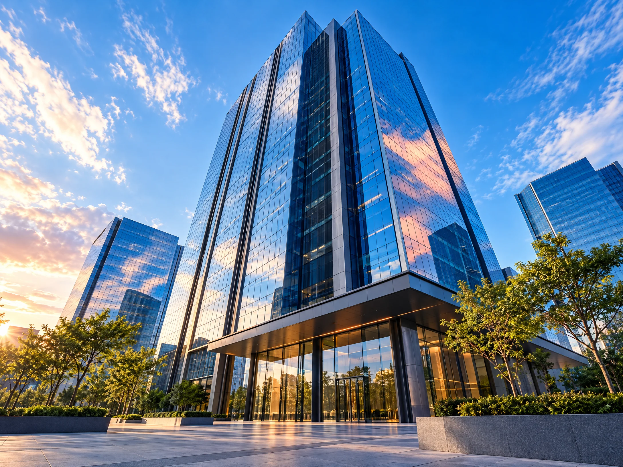 Fachada de arquitetura empresarial contemporânea em tons de azul